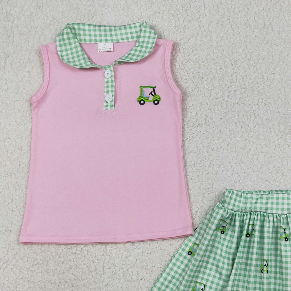 RTS GSD3120 Embroidery Golf Trucks Baby Girls Button Top Checked Skirt Shorts Clothes Sets