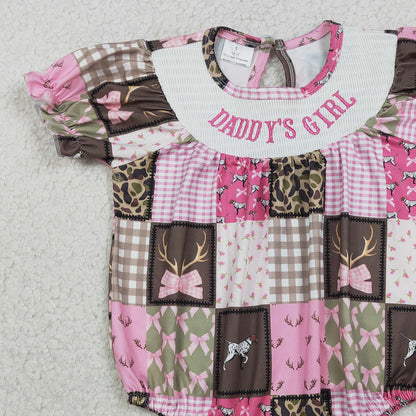 RTS SR3778 Smocked Daddy's Girl Baby Girls Deer Camo Checked Hunting Ruffle Rompers