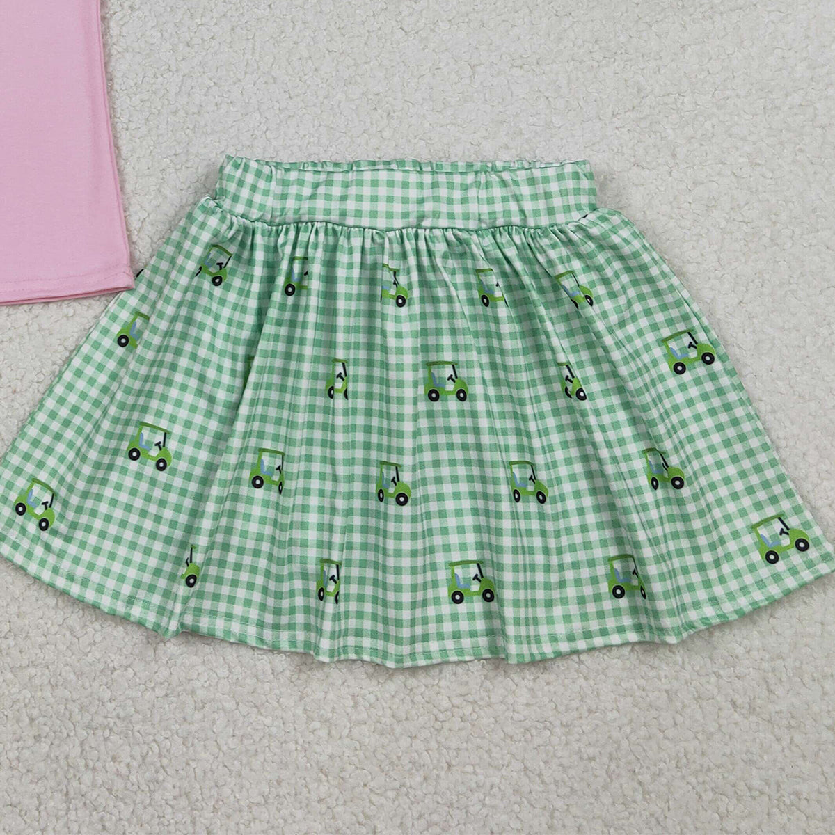 RTS GSD3120 Embroidery Golf Trucks Baby Girls Button Top Checked Skirt Shorts Clothes Sets
