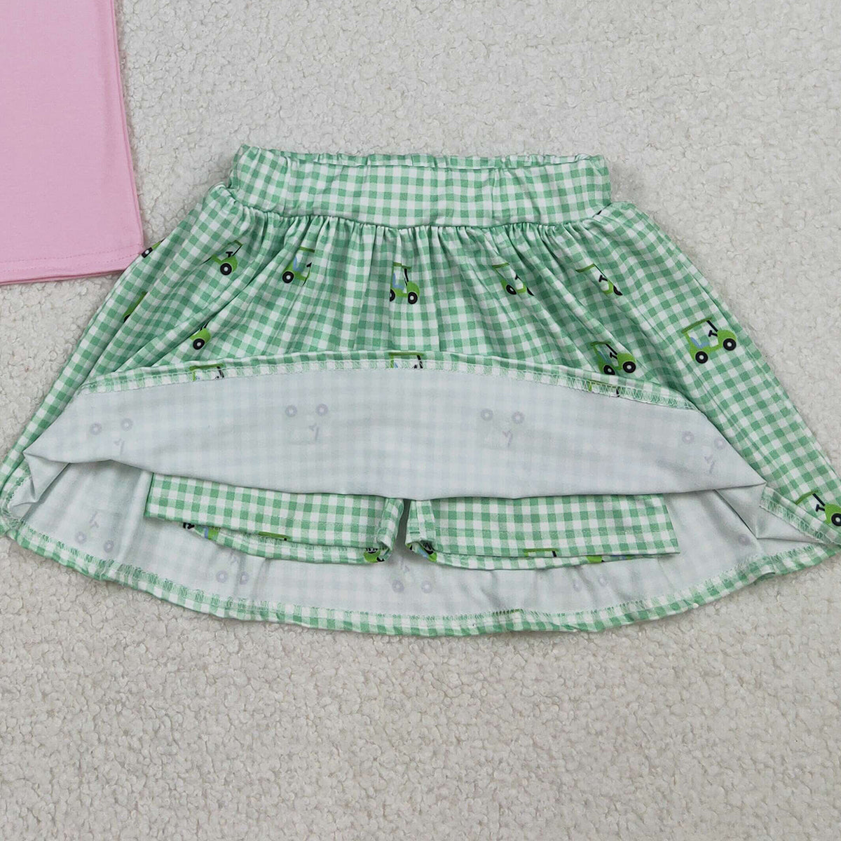 RTS GSD3120 Embroidery Golf Trucks Baby Girls Button Top Checked Skirt Shorts Clothes Sets