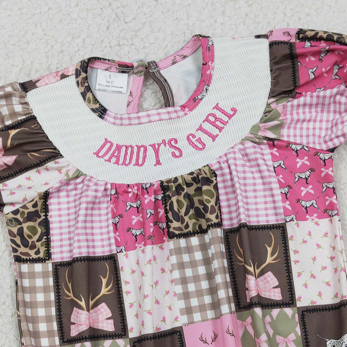 RTS SR3778 Smocked Daddy's Girl Baby Girls Deer Camo Checked Hunting Ruffle Rompers