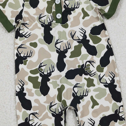 RTS SR3636 Baby Boys Romper Baby Boys Green Deer Camo Button Southern Hunting Rompers