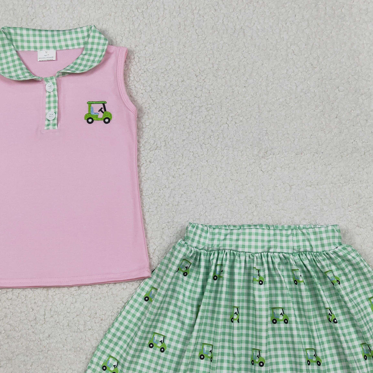 RTS GSD3120 Embroidery Golf Trucks Baby Girls Button Top Checked Skirt Shorts Clothes Sets