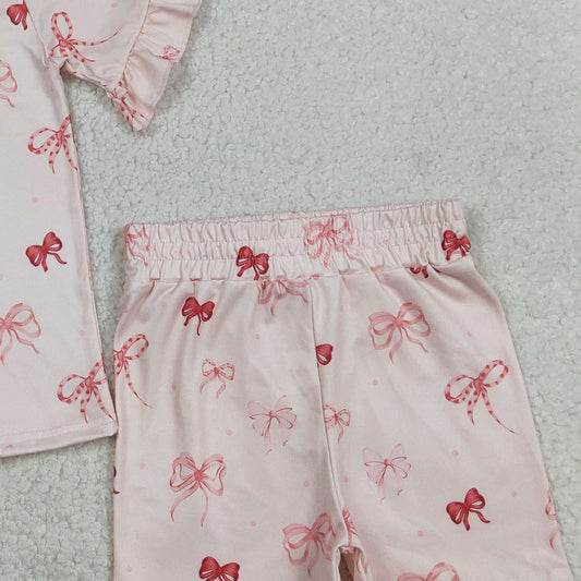 RTS GSSO2996 Baby Girls Pink Bows Top Ruffle Shorts Pajamas Clothes Sets