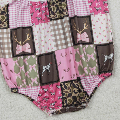 RTS SR3778 Smocked Daddy's Girl Baby Girls Deer Camo Checked Hunting Ruffle Rompers