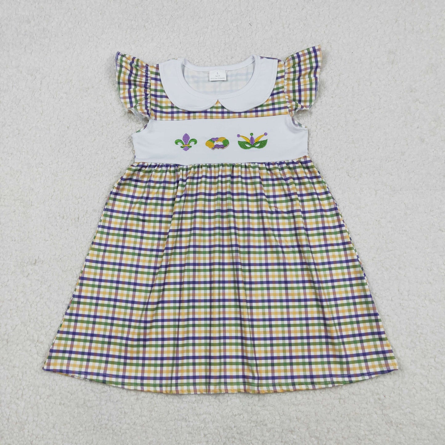 GSD2934 Embroidery Anchors Donuts Baby Girls Mardigras Checked Collar Knee Length Dress C12.15