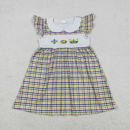 GSD2934 Embroidery Anchors Donuts Baby Girls Mardigras Checked Collar Knee Length Dress C12.15