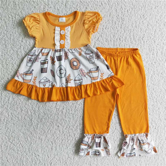 GSPO0123 Baby girls fall pumpkin coffee pants clothes set