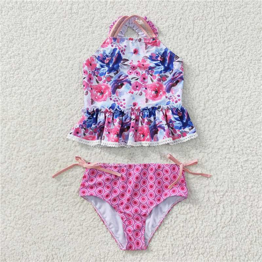 RTS S0156 Baby Girls Floral Two-Piece Swimsuit Purple Flowers Top And Bottom Set