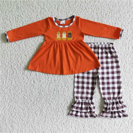 GLP0026 Girls Embroidered Pumpkin Dog Plaid Pants Outfit