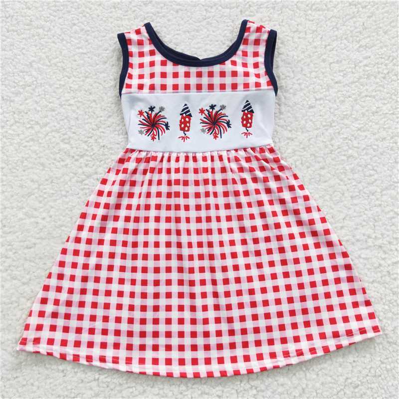 RTS GSD0330 Baby Girls 4th of July Bow Knee-Length Dresses Red White And Blue Cotton Dress