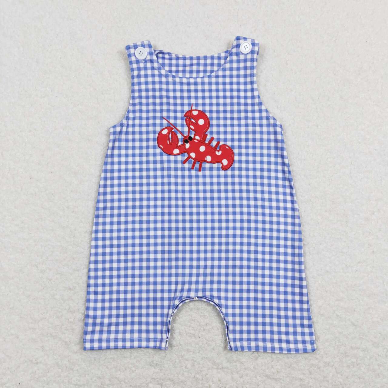 SR0820 Embroidered Polka Dot Crayfish Blue and White Plaid Sleeveless Jumpsuit