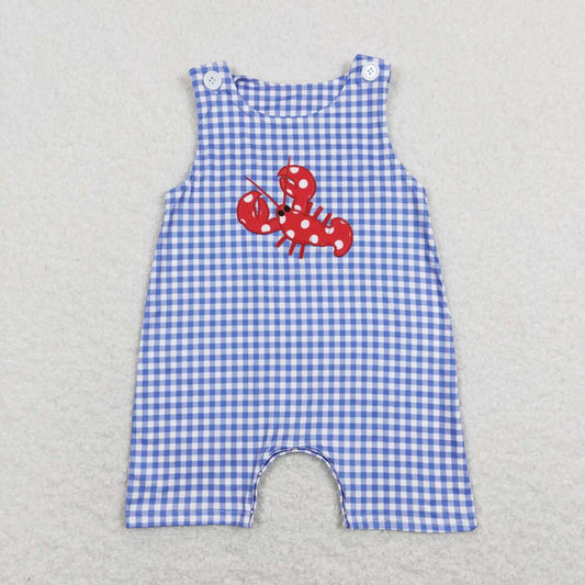 SR0820 Embroidered Polka Dot Crayfish Blue and White Plaid Sleeveless Jumpsuit