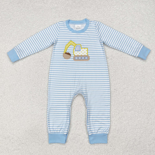 LR1617 Baby Infant Boys Blue Stripes Embroidery  Digger Construction Romper