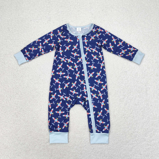 LR1024 Boys' Bamboo airplane navy zip-up long-sleeved onesie