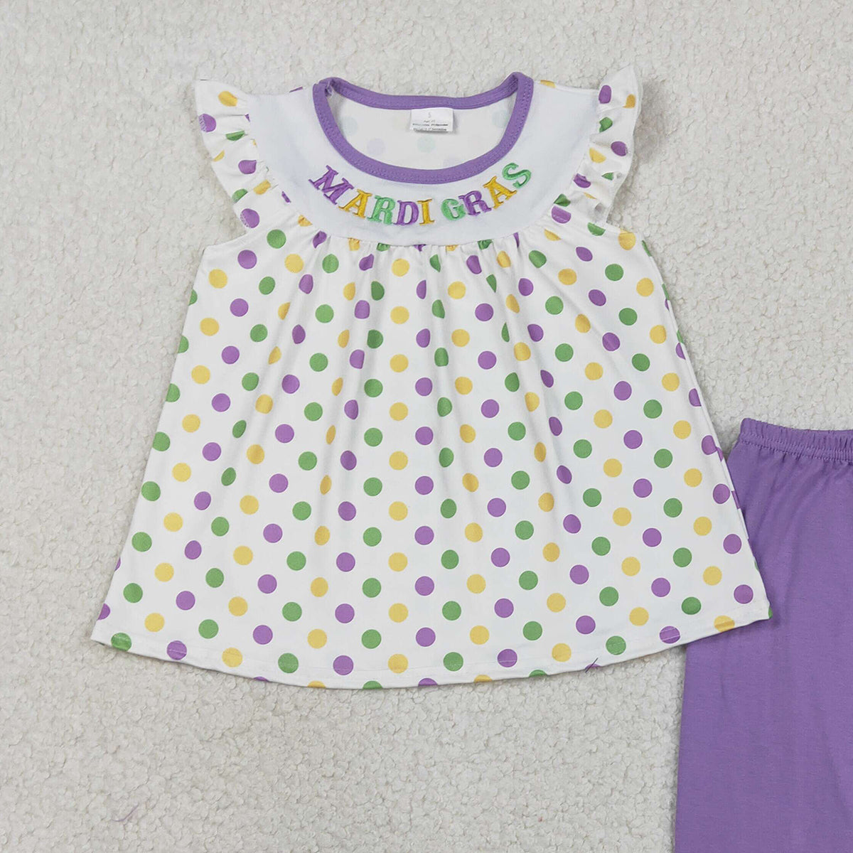 RTS GSPO2205 Embroidery Mardigras Baby Girls Polka Dots Tunic Ruffle Pants Clothes Sets