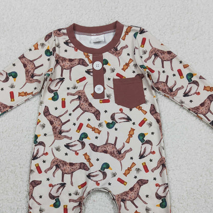 RTS LR2576 Baby Boys Winter Romper Baby Boys Long Sleeve Ducks Dogs Button Pocket Hunting Rompers