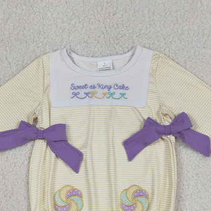 RTS LR2770 Embroidery Sweet as King Cake Baby Girls Mardigras Stripe Ruffle Rompers