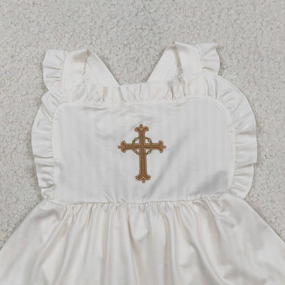 RTS SR3306 Embroidery Cross Baby Girls Strap Tunic Bummies Easter Ruffle Rompers