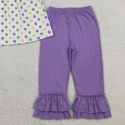 RTS GSPO2205 Embroidery Mardigras Baby Girls Polka Dots Tunic Ruffle Pants Clothes Sets