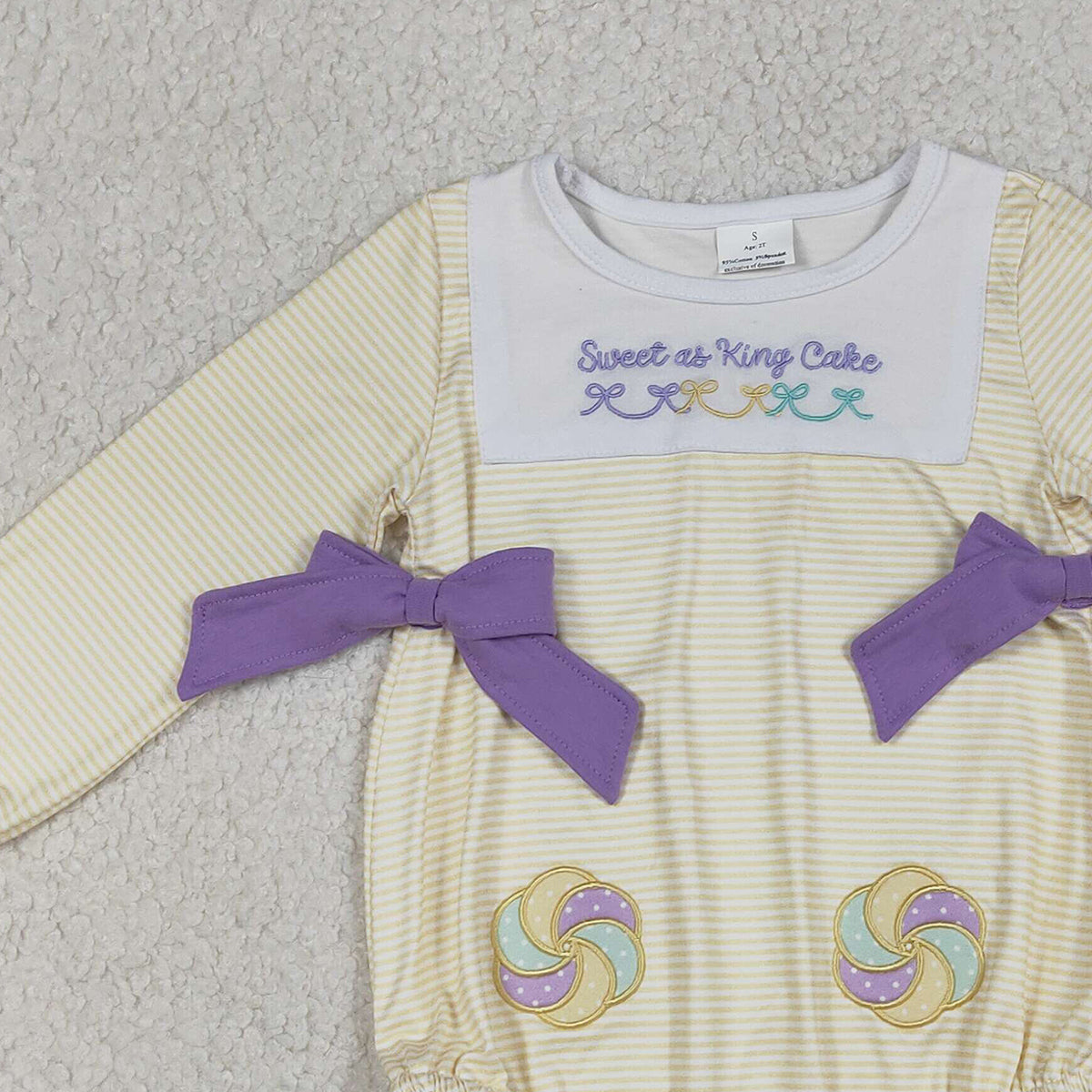 RTS LR2770 Embroidery Sweet as King Cake Baby Girls Mardigras Stripe Ruffle Rompers