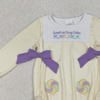 RTS LR2770 Embroidery Sweet as King Cake Baby Girls Mardigras Stripe Ruffle Rompers