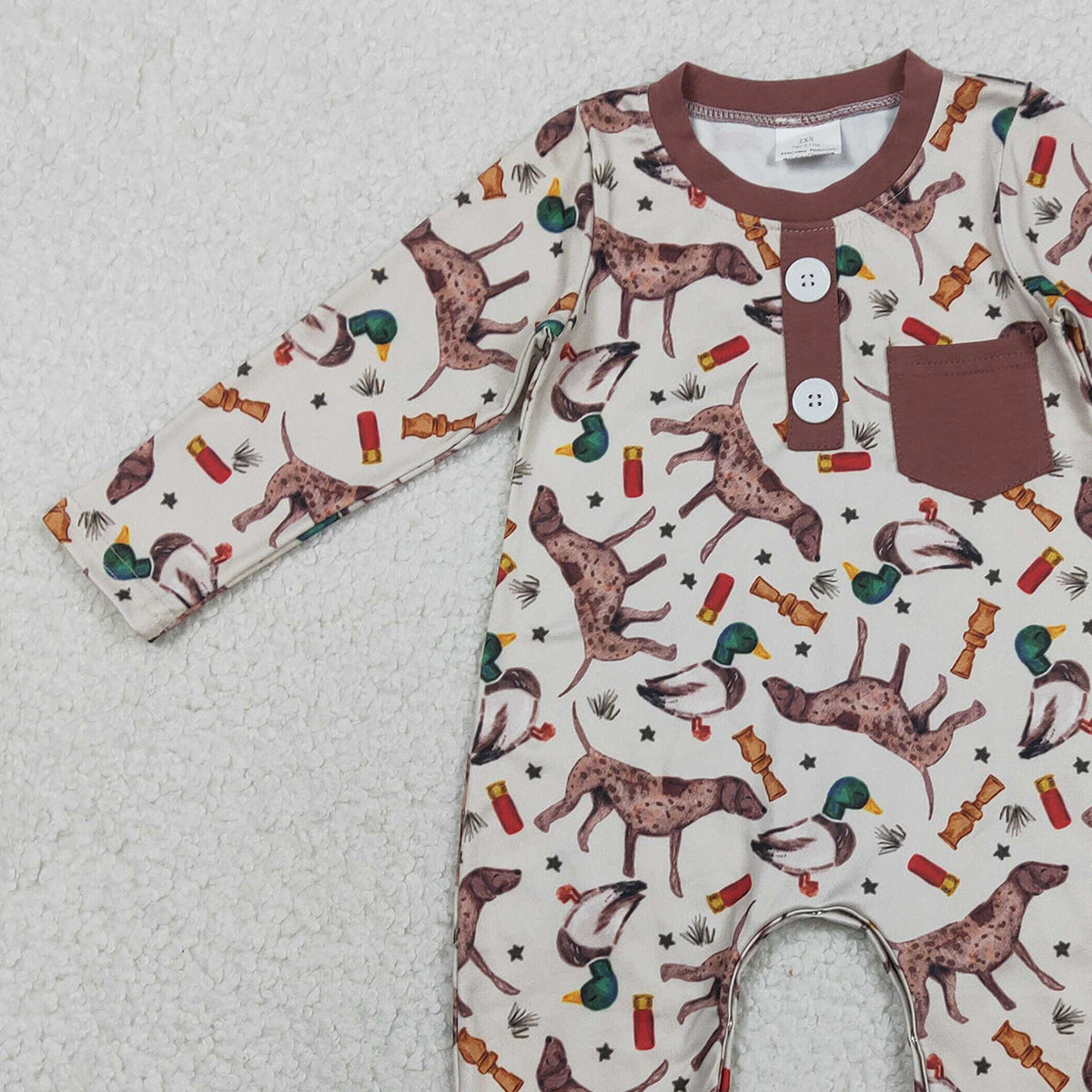 RTS LR2576 Baby Boys Winter Romper Baby Boys Long Sleeve Ducks Dogs Button Pocket Hunting Rompers