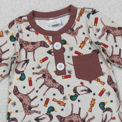 RTS LR2576 Baby Boys Winter Romper Baby Boys Long Sleeve Ducks Dogs Button Pocket Hunting Rompers