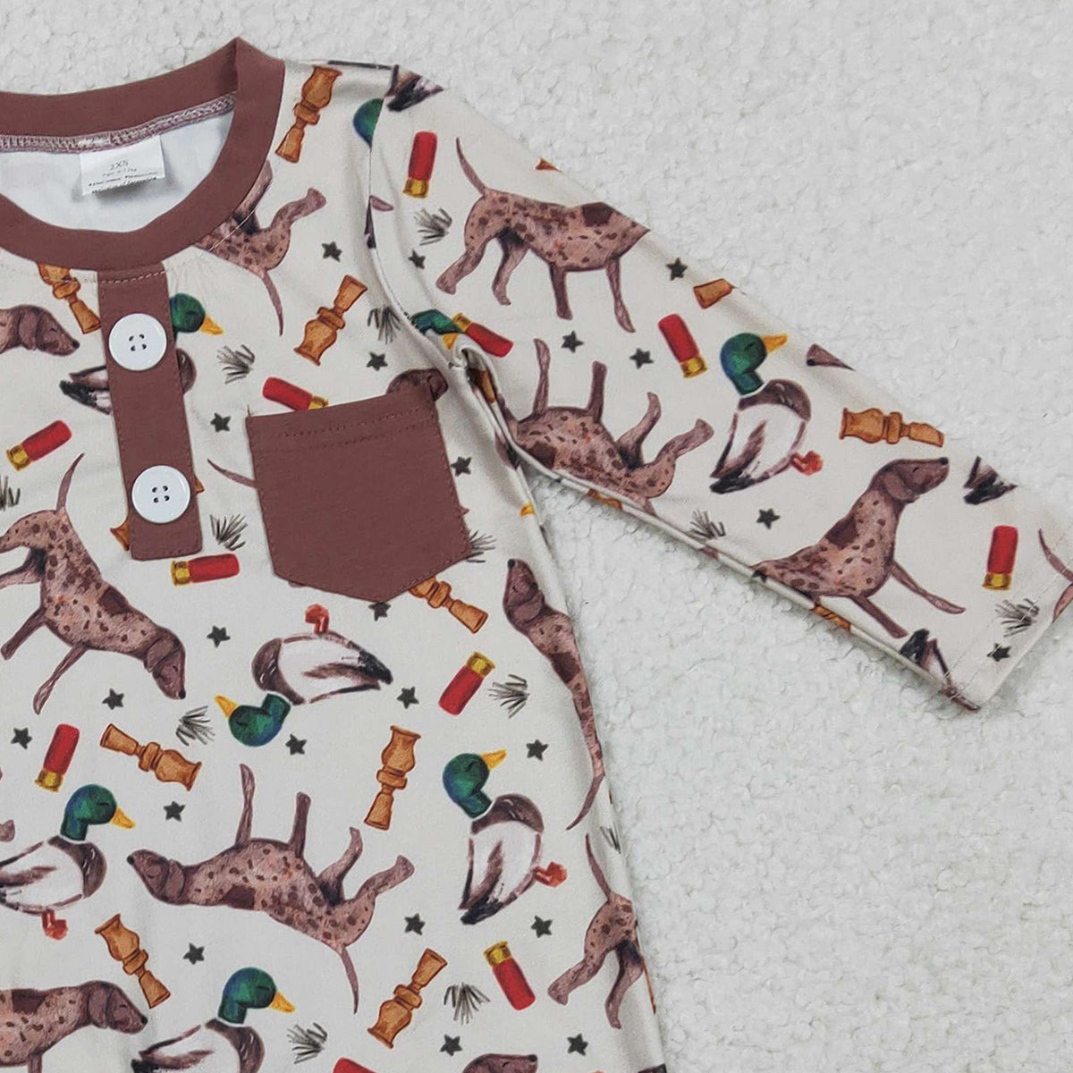 RTS LR2576 Baby Boys Winter Romper Baby Boys Long Sleeve Ducks Dogs Button Pocket Hunting Rompers