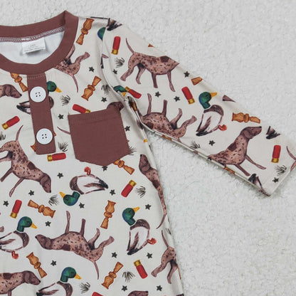 RTS LR2576 Baby Boys Winter Romper Baby Boys Long Sleeve Ducks Dogs Button Pocket Hunting Rompers