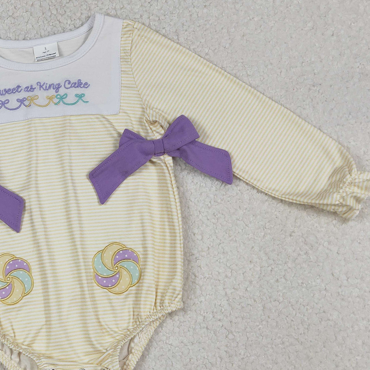 RTS LR2770 Embroidery Sweet as King Cake Baby Girls Mardigras Stripe Ruffle Rompers