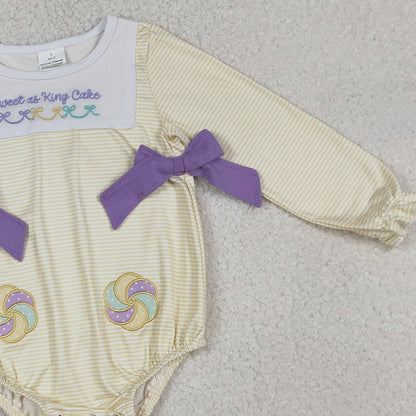 RTS LR2770 Embroidery Sweet as King Cake Baby Girls Mardigras Stripe Ruffle Rompers