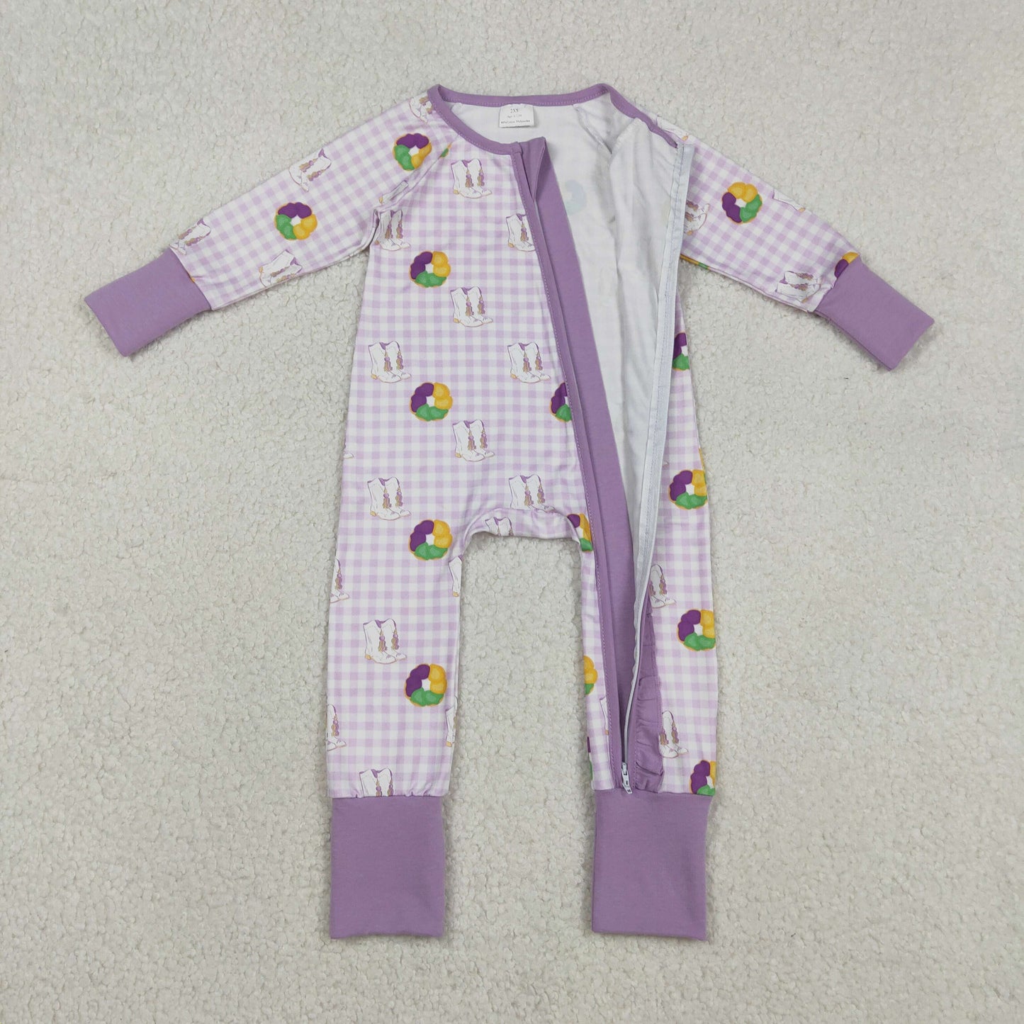 LR2783 Baby Girls Mardigras Boots Donuts Checked Two Way Ruffle Zip Convertible Romper C12.9