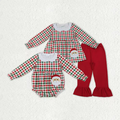 Sibling Baby Girls Red Green Checked Embroidery Santa Tunic Ruffle Pants Christmas Set Rompers C10.25