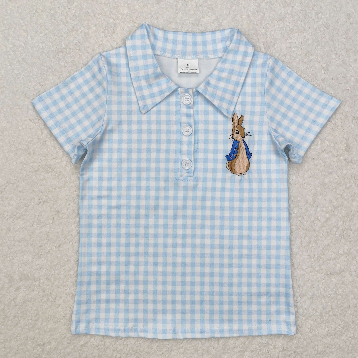 BT1095 Baby Boys Blue Checkered Rabbit Short Sleeve Tee Shirts Tops
