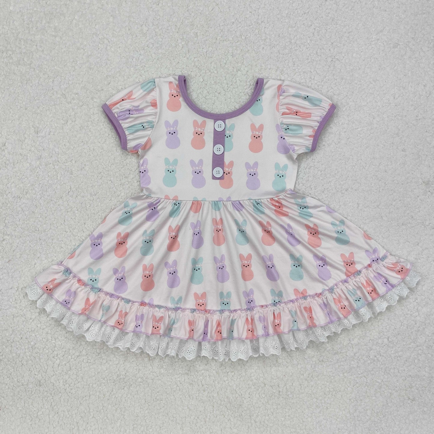 GSD0583 Baby Girls Toddler Easter Bunny Short Sleeve Lavender Knee Length Dress
