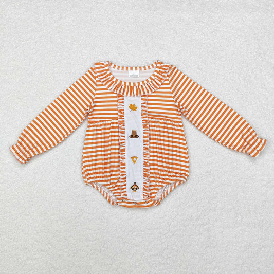 LR1300 Baby Infant Girls Orange Stripes Turkey Long Sleeve Rompers