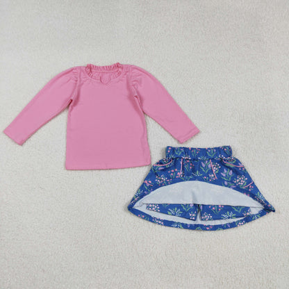 GLD1256 Baby Girls Pink Long Sleeves Shirts Top Floral Pockets Skirts Set C9.8