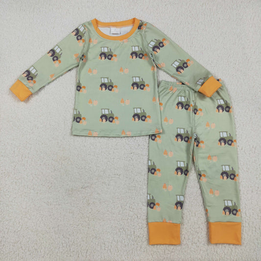 BLP1142 Baby Boys Green Long Sleeves Pumpkins Trucks Top Pant Pajamas Set 7.15
