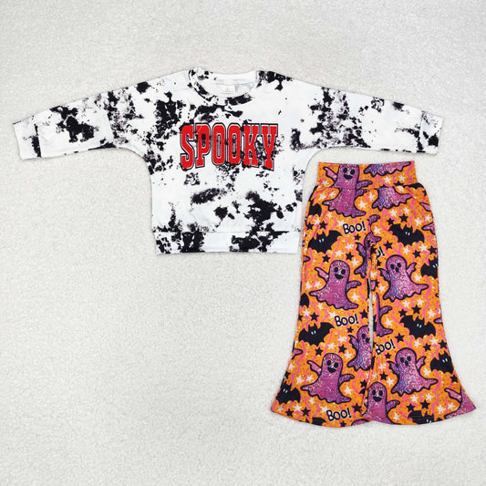 GT0718+P0609 Baby Girls Halloween Tie Dye Spooky Top Bell Pants Clothes Set