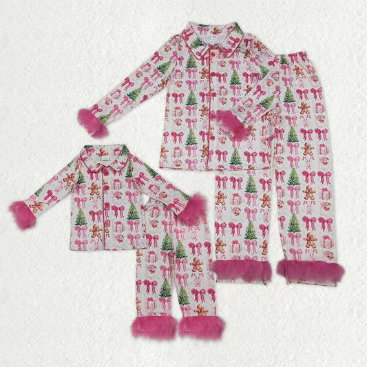 Mommy&Me Pink Bows Santa Trees Button Top Pants Christmas Fur Pajamas Sets C10.10