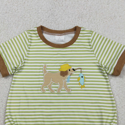 RTS SR3765 Embroidery Dog Fishes Baby Boys Short Sleeve Stripe Hunting Rompers
