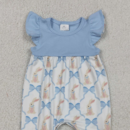 RTS SR3806 Baby Girls Romper Baby Girls Flutter Sleeve Bows Rabbits Checked Easter Rompers