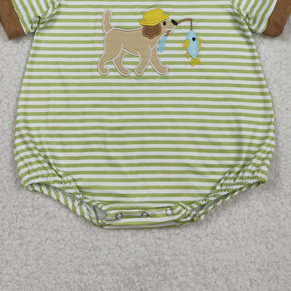 RTS SR3765 Embroidery Dog Fishes Baby Boys Short Sleeve Stripe Hunting Rompers