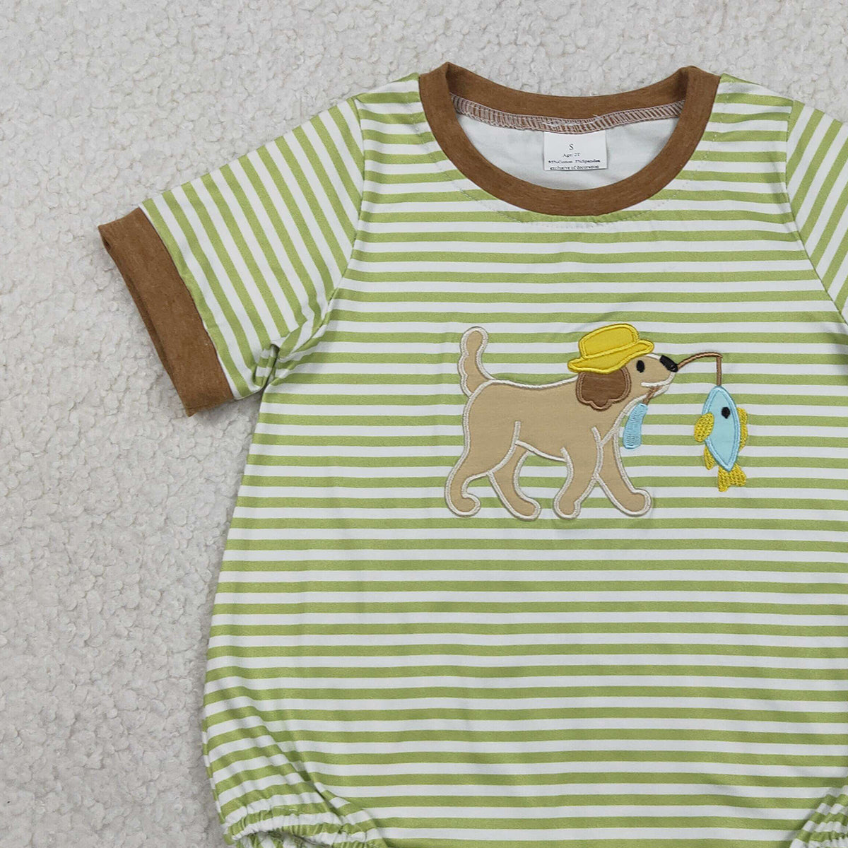 RTS SR3765 Embroidery Dog Fishes Baby Boys Short Sleeve Stripe Hunting Rompers