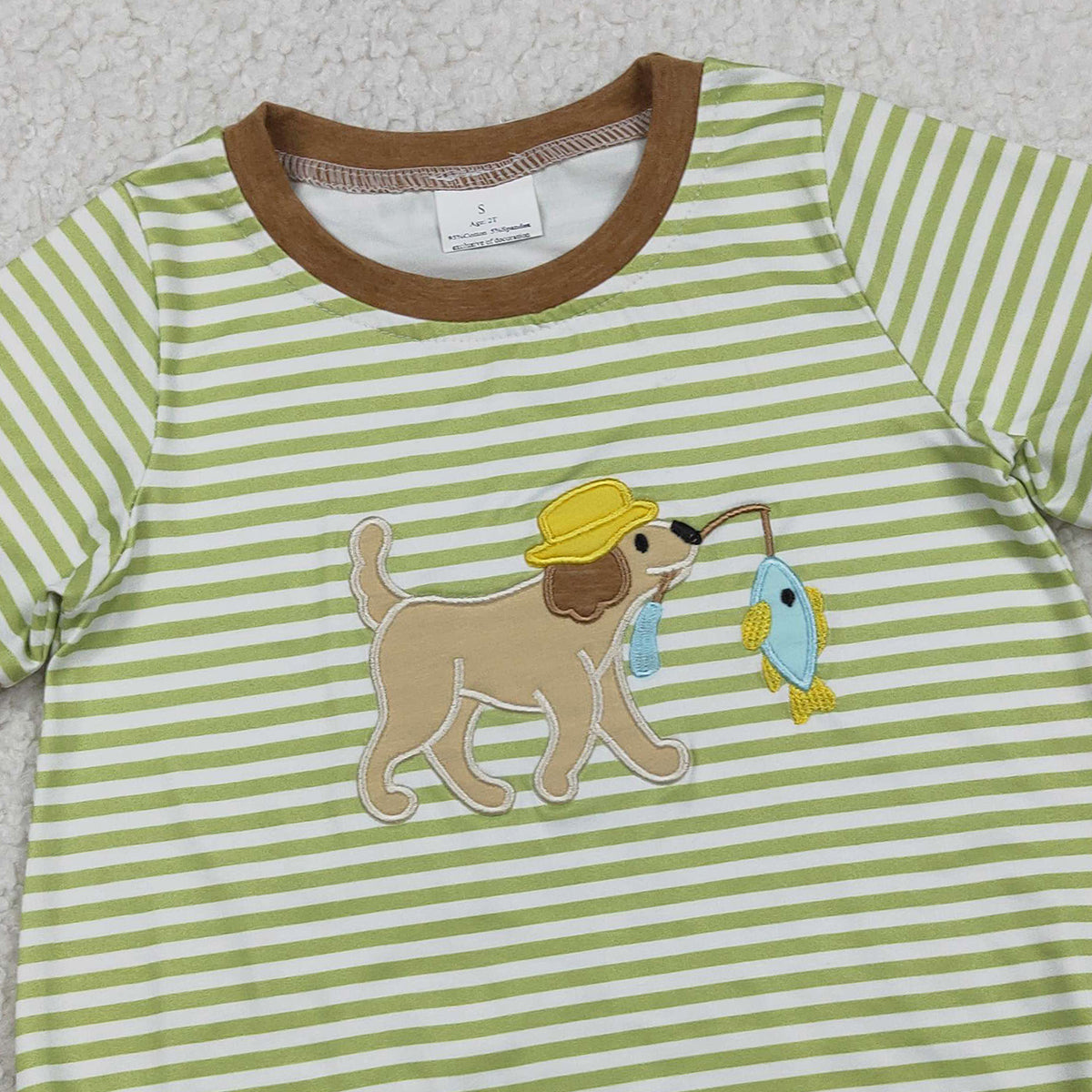 RTS SR3765 Embroidery Dog Fishes Baby Boys Short Sleeve Stripe Hunting Rompers