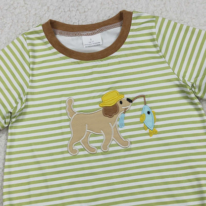 RTS SR3765 Embroidery Dog Fishes Baby Boys Short Sleeve Stripe Hunting Rompers