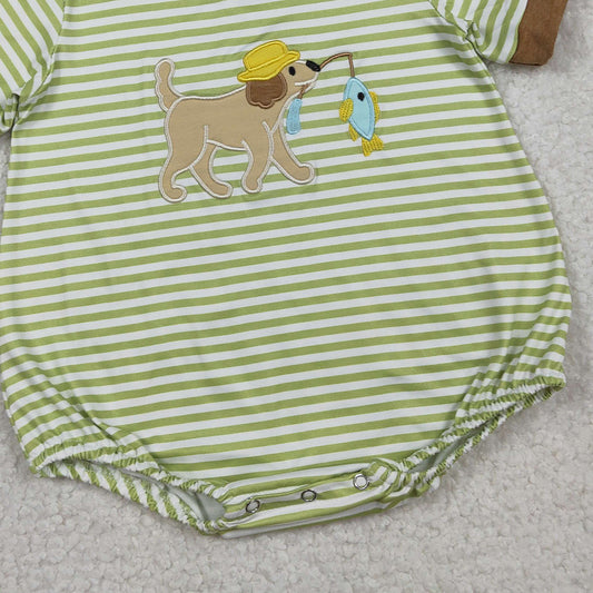 RTS SR3765 Embroidery Dog Fishes Baby Boys Short Sleeve Stripe Hunting Rompers
