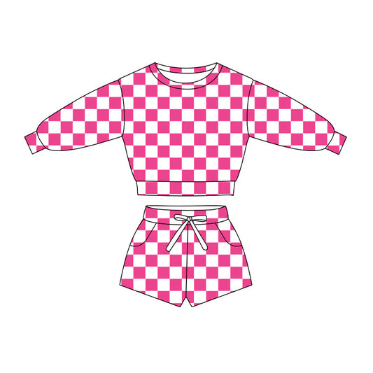 C11.21 Custom Moq 8 Baby Girls Pink Checked Long Sleeve Pockets Shorts Clothes Sets