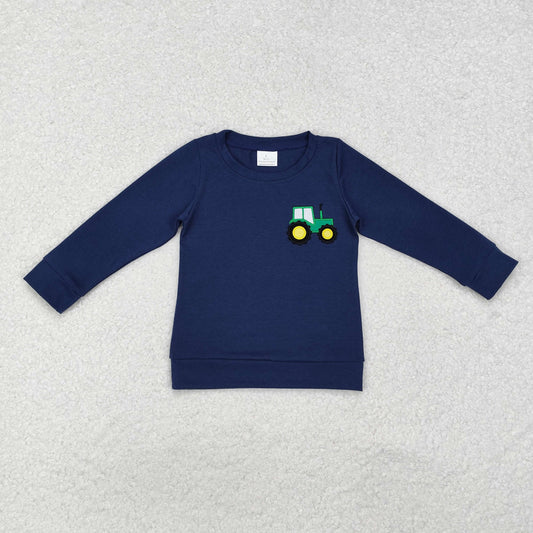 BT0879 Baby Boys Navy Embroidery Tractor Long Sleeve Tee Shirts Tops